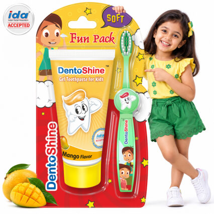 Dentoshine Mango Gel Kids Toothpaste 80g with Toothbrush Ages 2+ Supports Strong Teeth | IDA Accepted