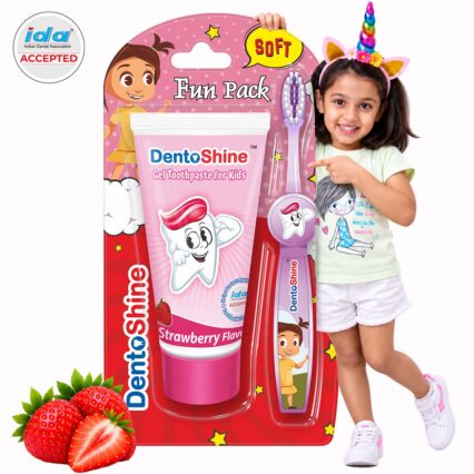Dentoshine Strawberry Gel Kids Toothpaste 80g with Toothbrush Ages 2+ Supports Strong Teeth | IDA Accepted