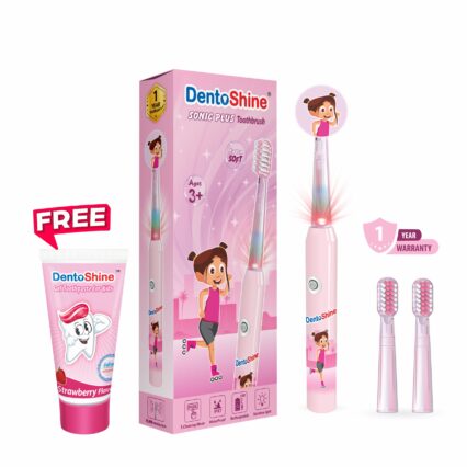 DentoShine Sonic Plus Electric Toothbrush for kids (Ages 3+) | 3 modes of cleaning & 2 extra brush heads (Pink)