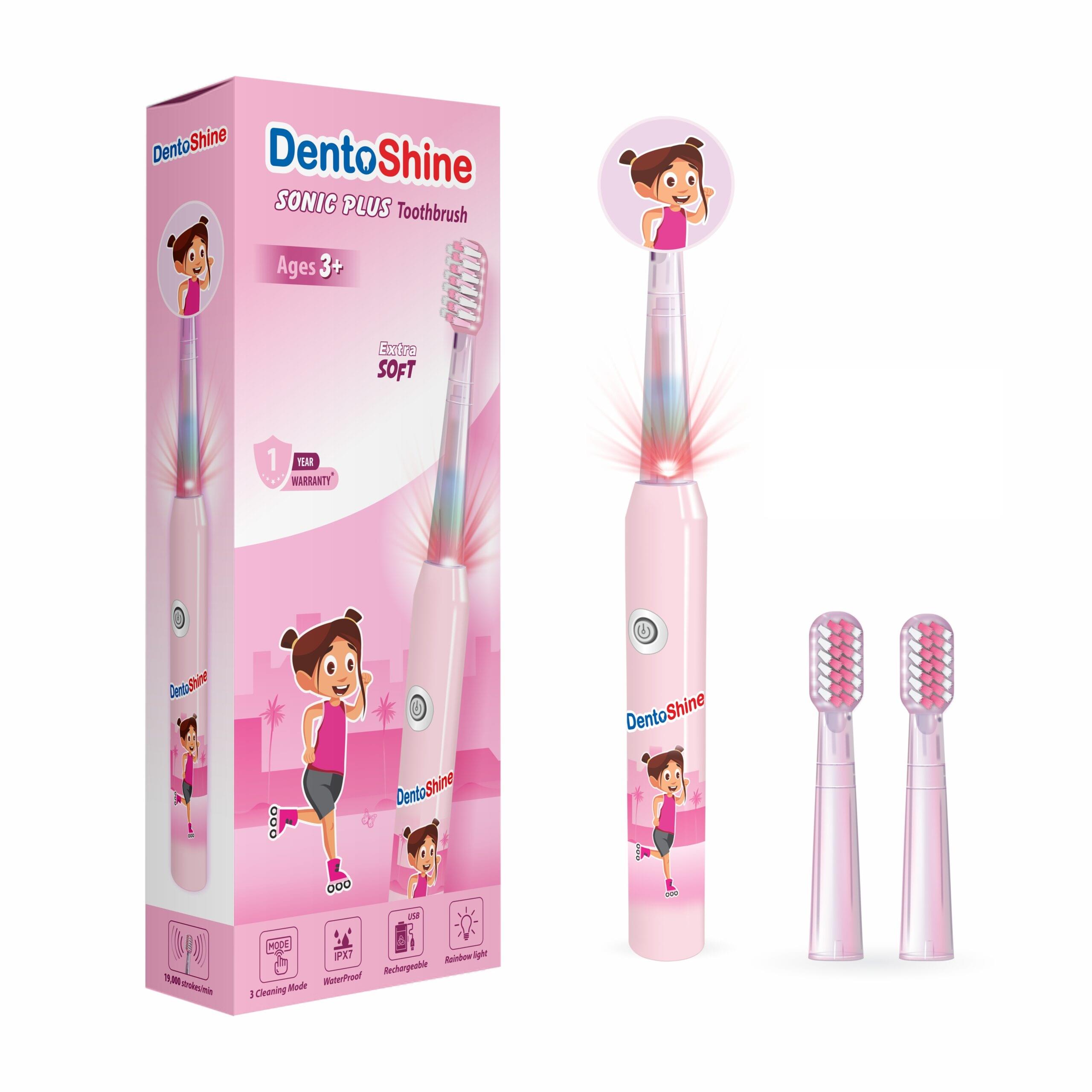 DentoShine Sonic Plus Electric Toothbrush for kids (Ages 3+) | 3 modes of cleaning & 2 extra brush heads (Pink)