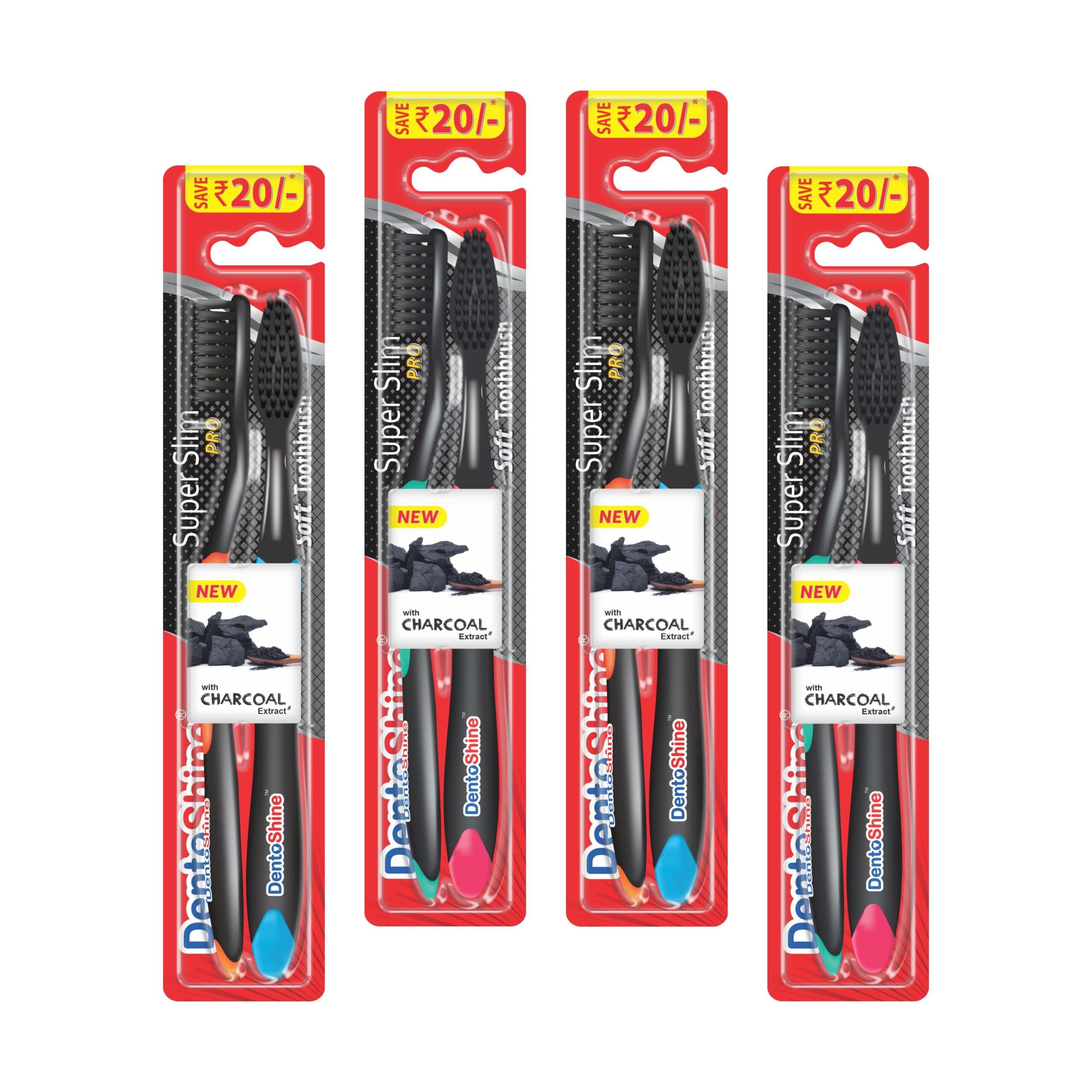 DentoShine Super Slim Adult Toothbrush with Charcoal Extract Twinpack Of 4 - (Green, Pink, Blue, Orange)
