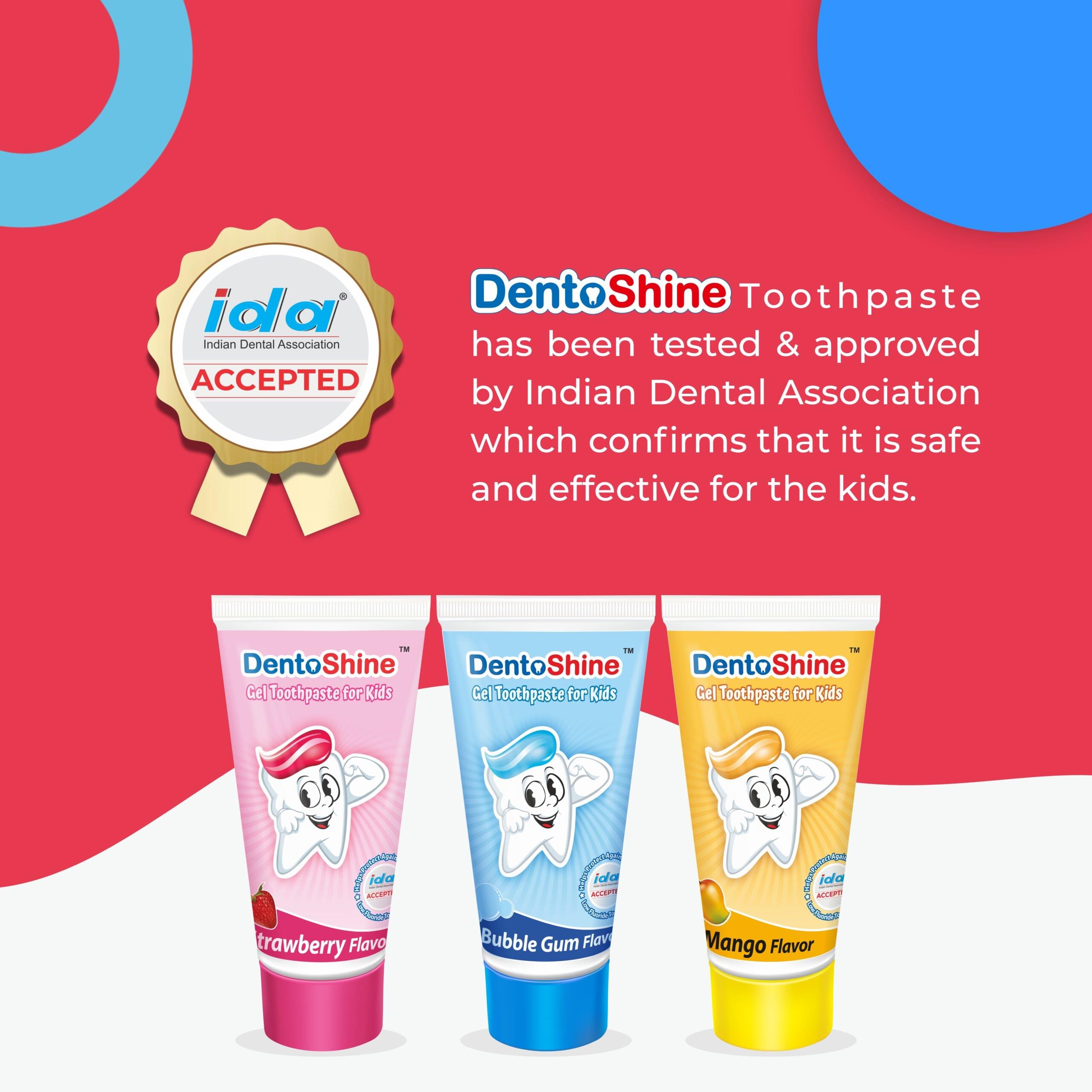 Dentoshine Fun Pack for Kids - (Strawberry, Mango & Bubble Gum + 3 Toothbrush) Toothpaste | IDA Accepted | Ages 2+ - Image 2