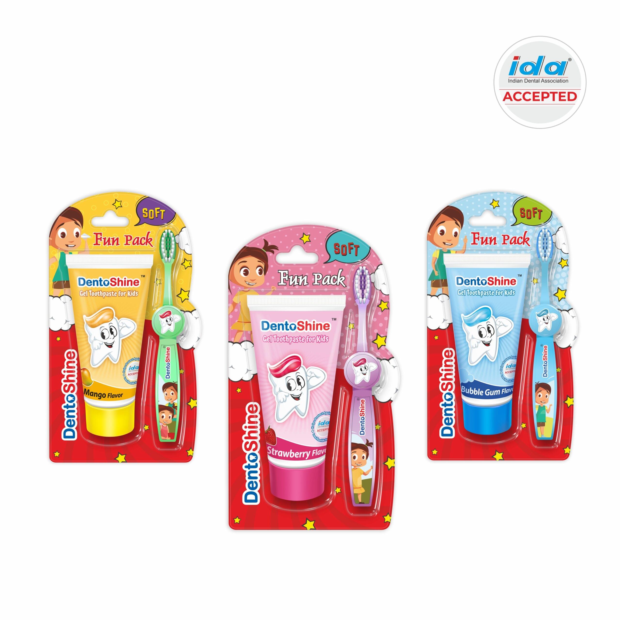 Dentoshine Fun Pack for Kids - (Strawberry, Mango & Bubble Gum + 3 Toothbrush) Toothpaste | IDA Accepted | Ages 2+