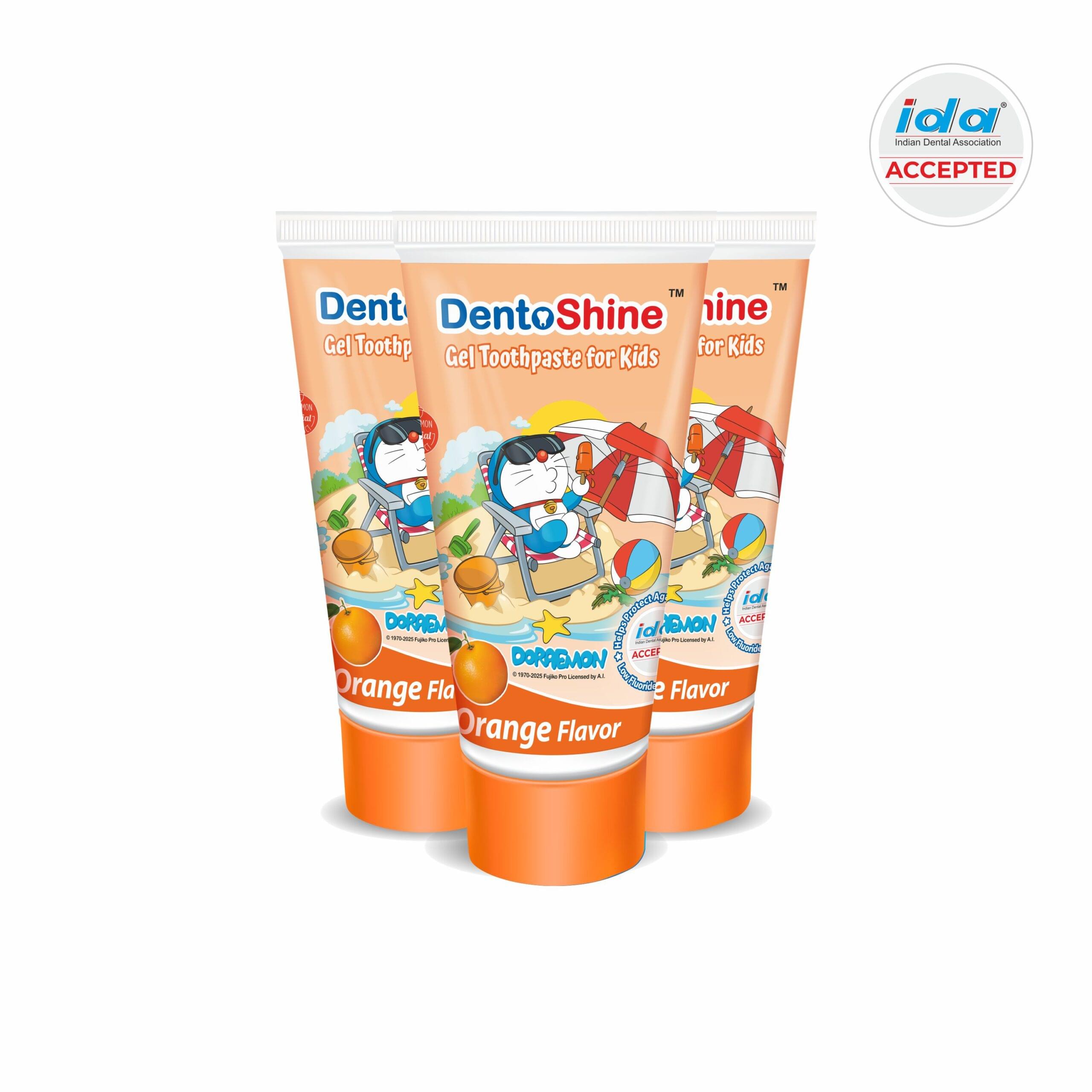 DentoShine Gel Toothpaste for Kids | Pack of 3 (Orange Flavor) (Doraemon) | IDA Accepted | Ages 2+