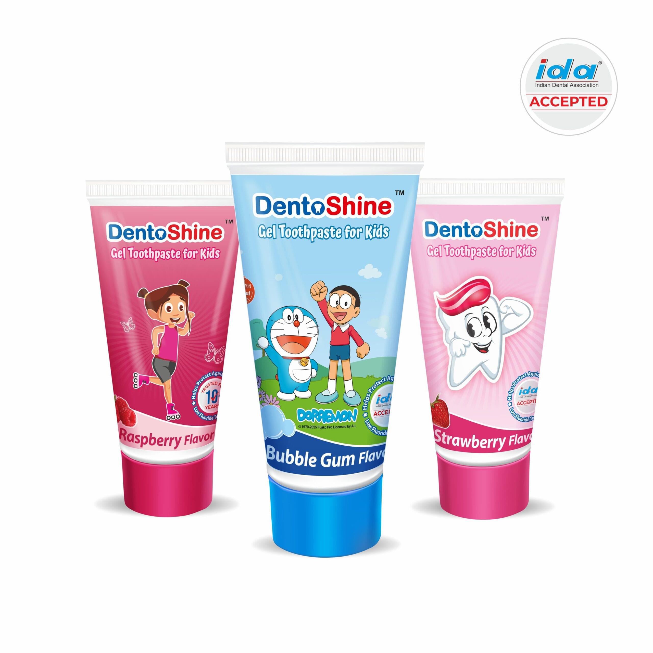 DentoShine Gel Toothpaste for Kids | Pack of 3 Flavors (Strawberry, Bubblegum & Raspberry) | IDA Accepted | Ages 2+
