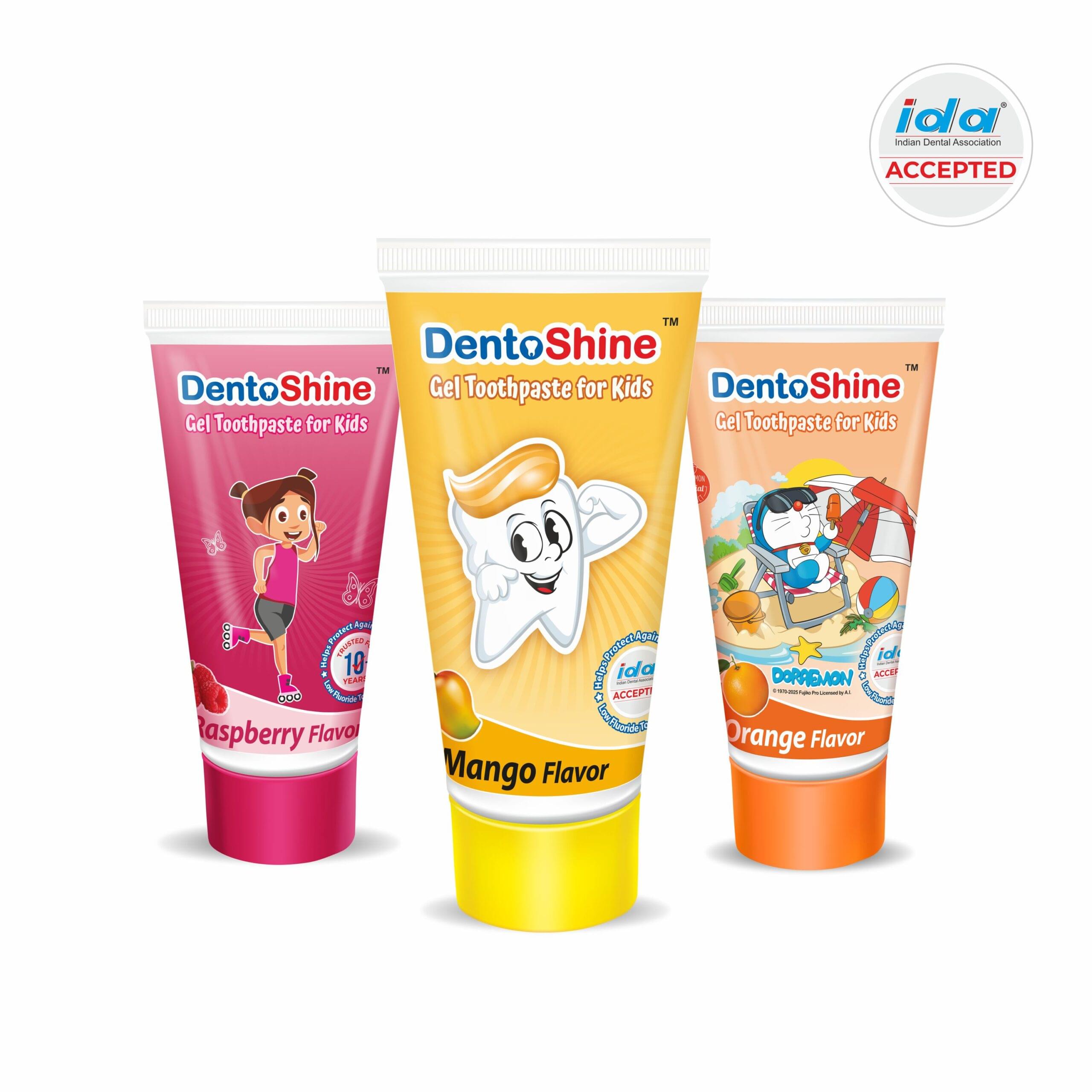 DentoShine Gel Toothpaste for Kids | Pack of 3 Flavors (Orange, Raspberry & Mango) | IDA Accepted | Ages 2+