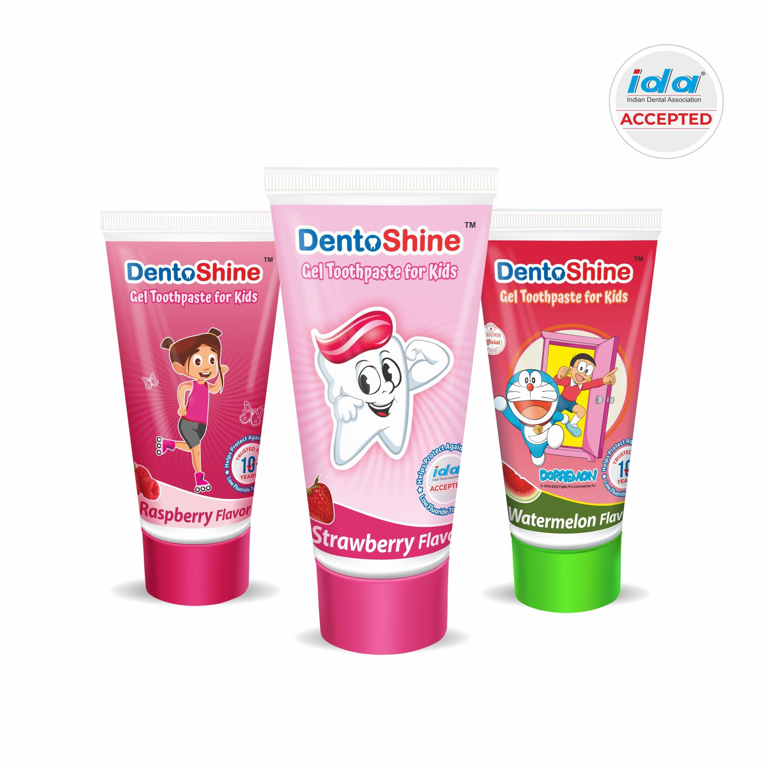 DentoShine Gel Toothpaste for Kids | Pack of 3 Flavors (Strawberry,Watermelon & Raspberry) | IDA Accepted | Ages 2+