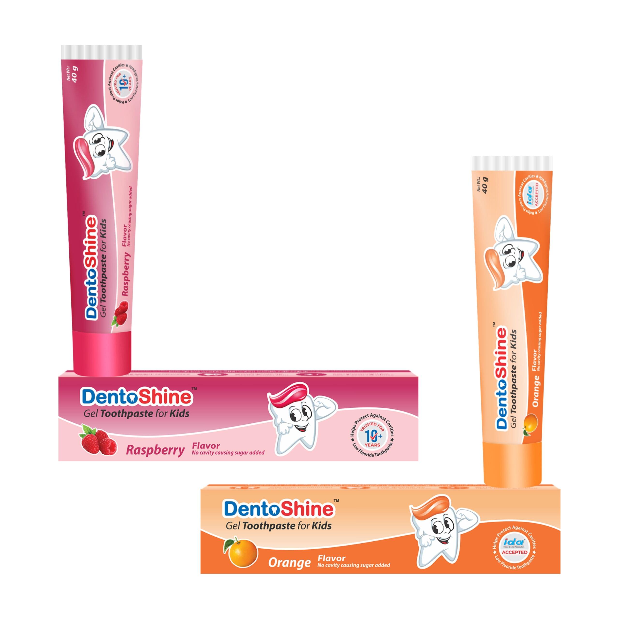 DentoShine Gel Toothpaste For Kids, Orange, Raspberry (Pack Of 2) Flavor 40 g each | IDA Accepted | Ages 2+