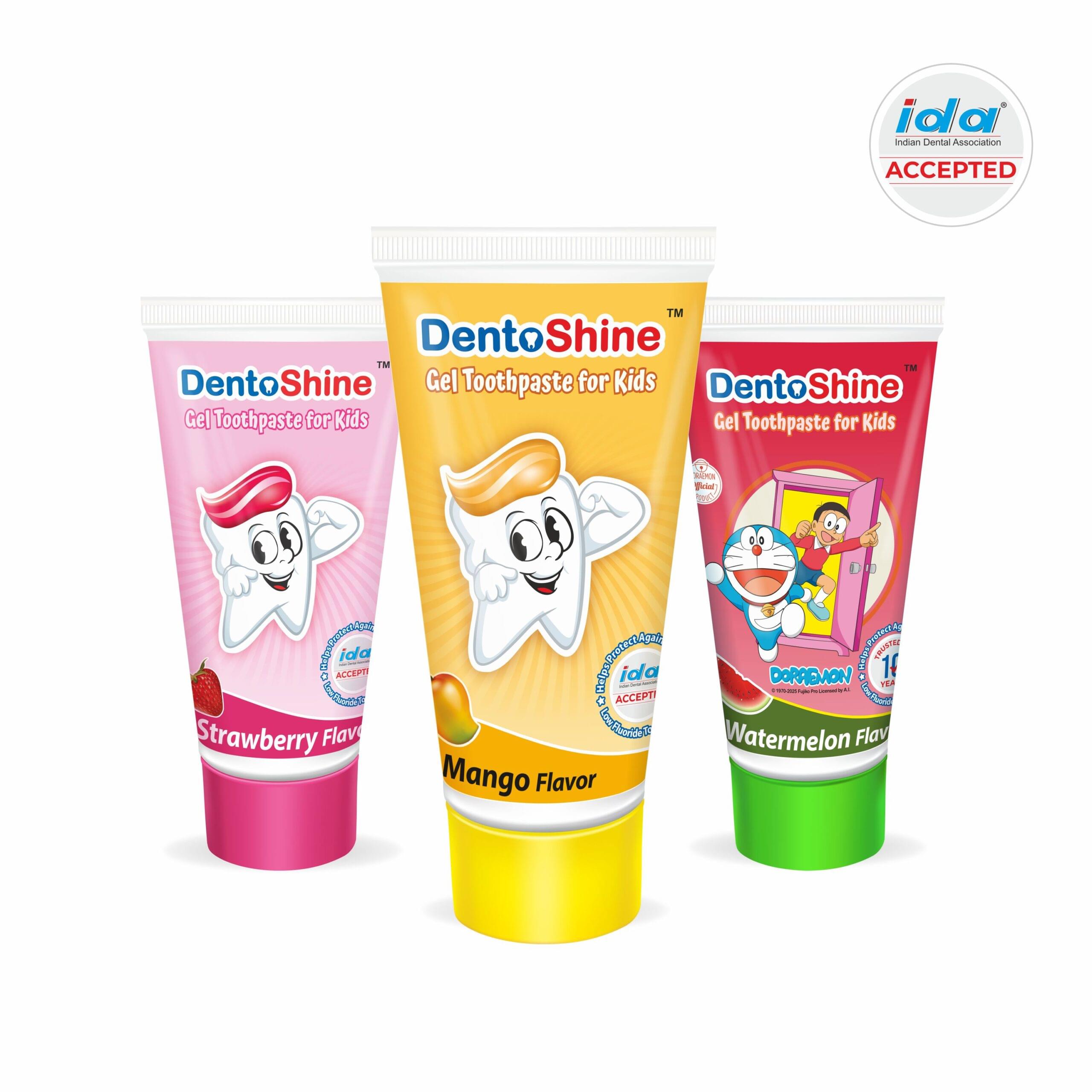 DentoShine Gel Toothpaste for Kids | Pack of 3 Flavors (Strawberry, Mango & Watermelon) | IDA Accepted | Ages 2+
