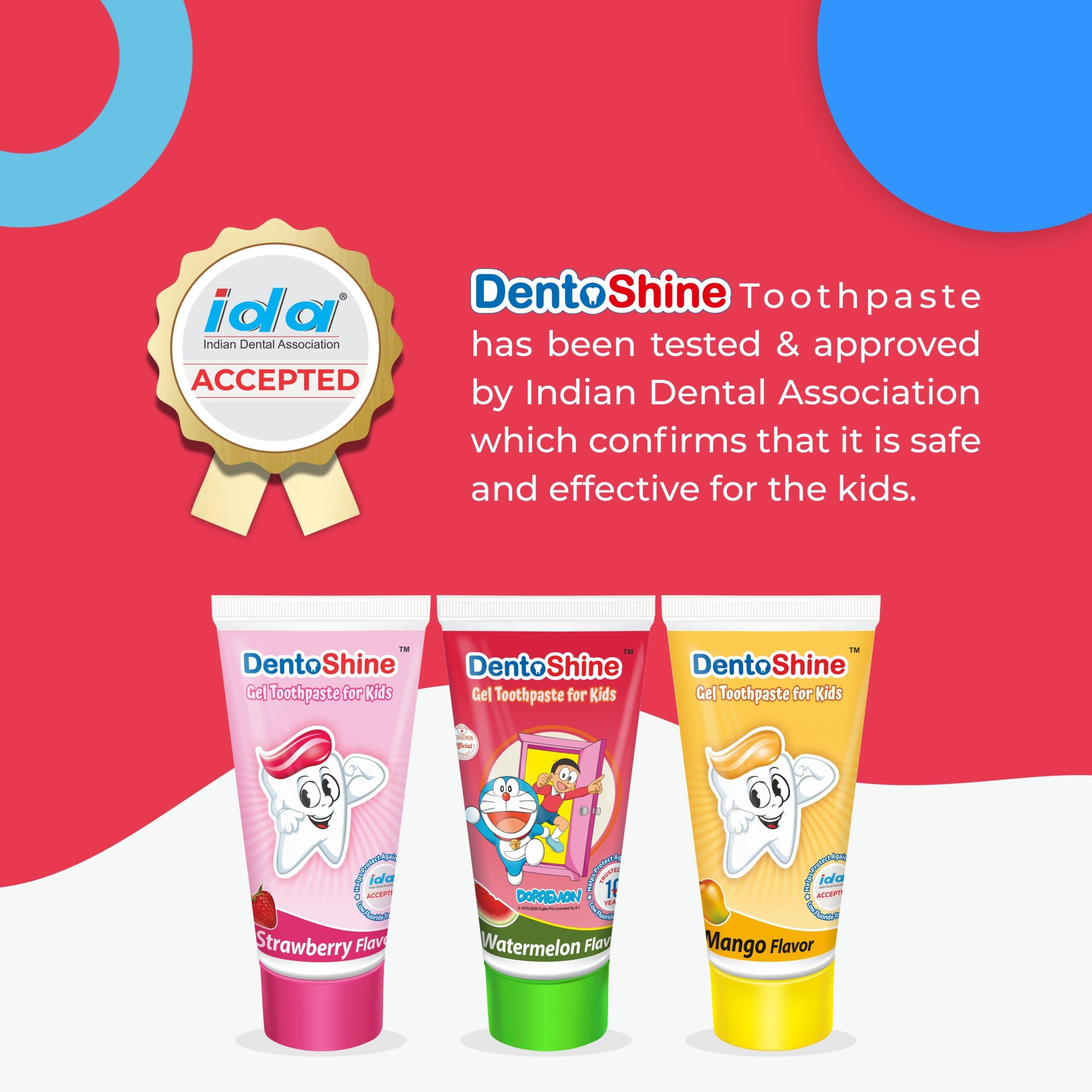 DentoShine Gel Toothpaste for Kids | Pack of 3 Flavors (Strawberry, Mango & Watermelon) | IDA Accepted | Ages 2+ - Image 2