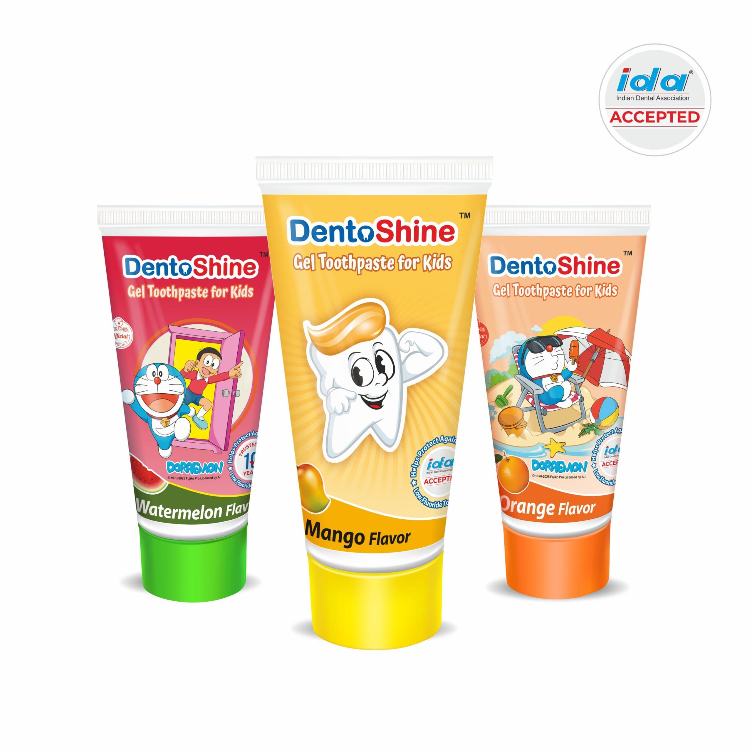 DentoShine Gel Toothpaste for Kids | Pack of 3 Flavors (Orange, Mango & Watermelon) | IDA Accepted | Ages 2+