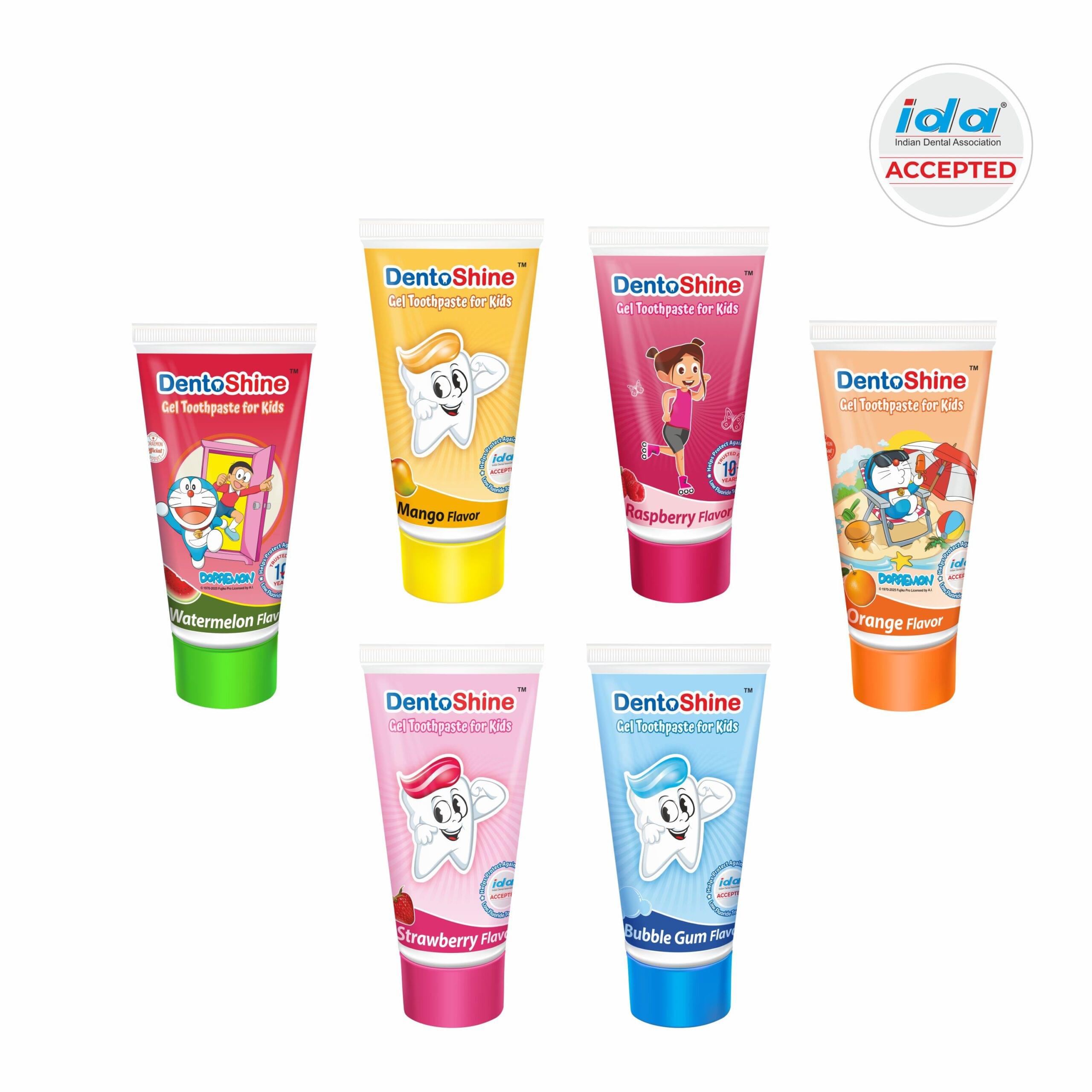 DentoShine Gel Toothpaste for Kids - Assorted Flavors (Pack of 6) (Bubble Gum, Mango, Orange, Raspberry, Strawberry, Watermelon (80g each)) | IDA Accepted | Ages 2+