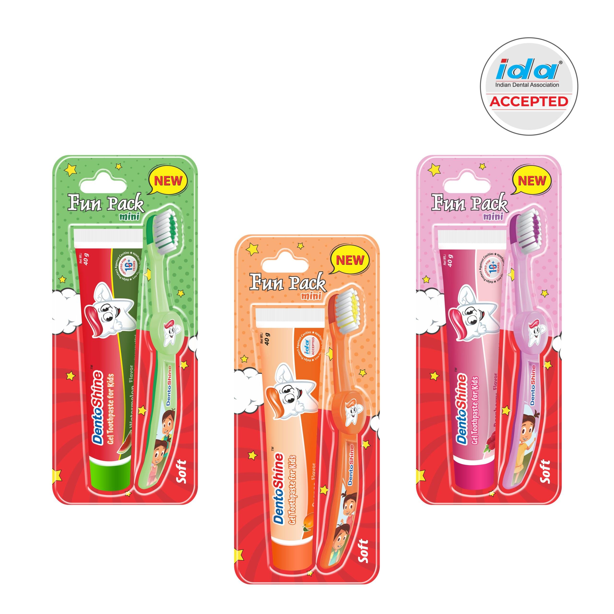 Dentoshine Fun Pack for Kids - (Watermelon, Orange & Raspberry + 3 Toothbrush) Toothpaste (120 g, Pack of 3) | IDA Accepted | Ages 2+